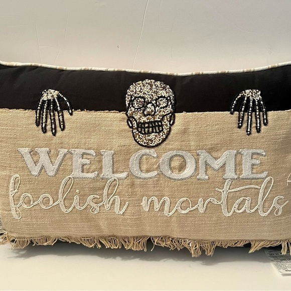 Coterie Studio Welcome Foolish Mortal Halloween Beaded Skull throw pillow - Picture 1 of 6